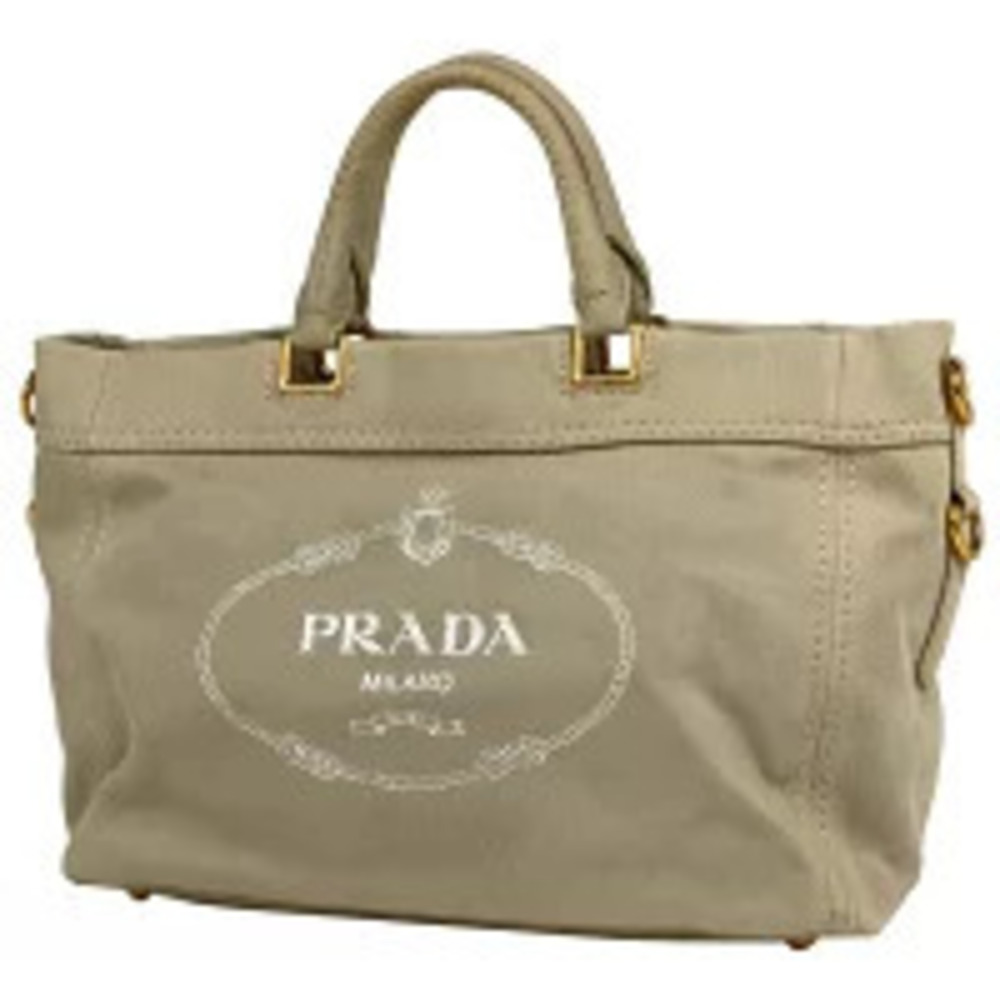 Prada Plate Tote Bag Shoulder Handbag Denim Beige